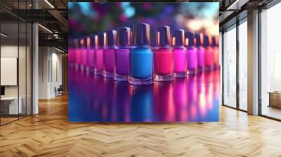 Colorful Nail Polish Bottles Aligned in a Row with Reflections on a Glossy Surface Wall mural