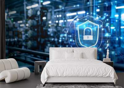 Cybersecurity for Industrial Automation.A digital shield protecting a factory network from potential cyberattacks Wall mural