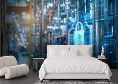 Cybersecurity for Industrial Automation.A digital shield protecting a factory network from potential cyberattacks Wall mural