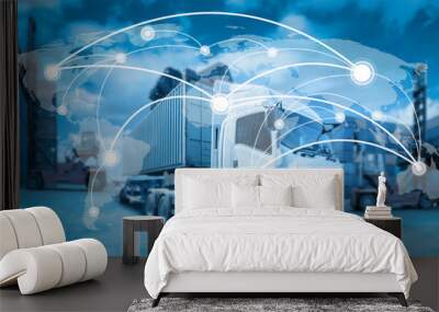 global network coverage world map,truck with industrial container cargo for logistic import export a Wall mural