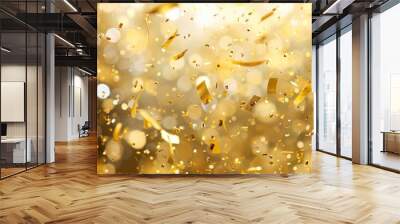 Gold confetti raining down on a shimmering gold background, celebrating the achievement  Wall mural