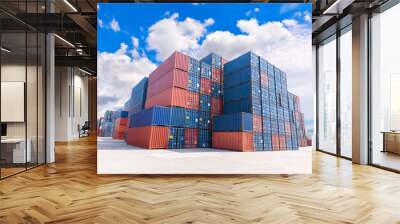 group of numerous shipping containers in port  with blue sky Wall mural