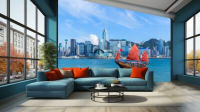 Hong Kong harbour with junk boat Wall mural