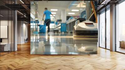 
robot polishing hard floor with high speed polishing machine while other cleaner cleans canteen in the background Wall mural