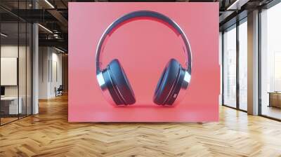 Stylish black headphones on a soft gradient pink background, Wall mural