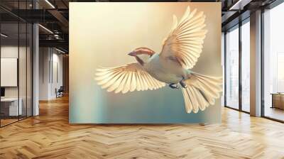 A beautiful bird in flight, showcasing its delicate wings against a soft, blurred background, capturing freedom and grace. Wall mural