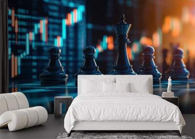 A close-up of chess pieces with a digital backdrop, symbolizing strategy and competition in business or gaming. Wall mural