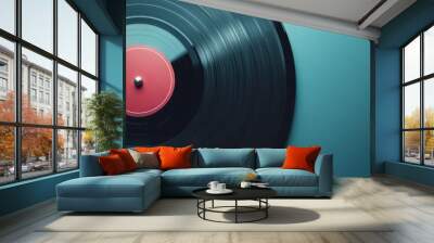 A close-up view of a spinning vinyl record showcasing vibrant colors and texture, perfect for music enthusiasts and art lovers. Wall mural