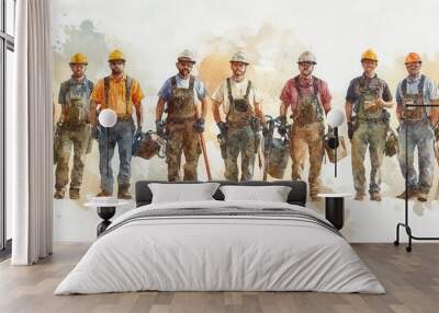 A diverse group of skilled workers in safety gear, showcasing teamwork and dedication in the construction industry. Wall mural