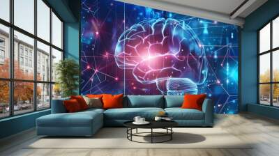 A futuristic digital brain illustration showcasing neural connections and vibrant data patterns, symbolizing intelligence and technology. Wall mural