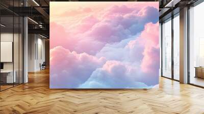 A mesmerizing view of fluffy clouds painted in soft pastel colors, evoking tranquility and serenity in the sky. Wall mural