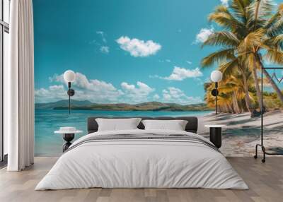 A serene beach scene featuring vibrant palm trees, soft white sand, and clear turquoise water under a bright blue sky. Wall mural