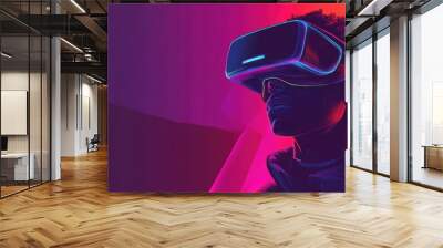 A young individual immersed in a vibrant virtual reality experience, showcasing the future of digital entertainment and technology. Wall mural