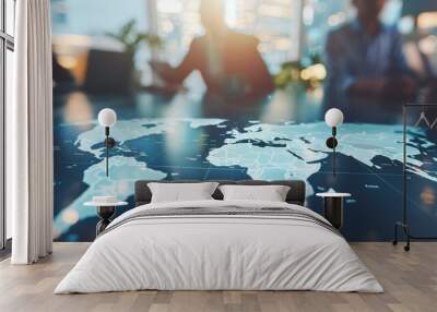 Business people discussing global strategy with world map on table. Wall mural