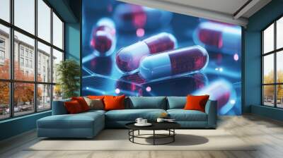 Colorful capsules scattered on a digital surface, highlighting the blend of technology and medicine in pharmaceutical research. Wall mural