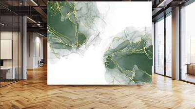 green alcohol ink graceful abstract ink flow art mixed with gold patterns with a translucent background.	 Wall mural