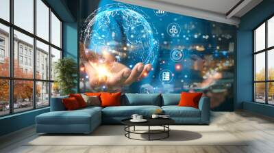 Male Hand holding virtual Global Internet connection metaverse. Business global internet connection application technology and digital marketing, Financial and banking, Digital link tech, big data. Wall mural