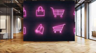 Neon shopping icons set on a dark background for digital use. Wall mural