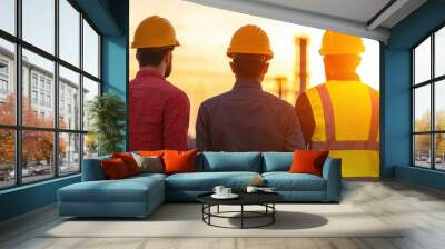 Three construction workers in hard hats observing a sunset at a job site, symbolizing teamwork and dedication. Wall mural