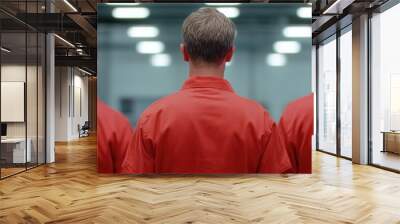 Three individuals wearing orange jumpsuits, standing in a line, blurred background, indoor setting. Wall mural