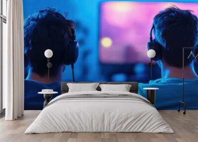 Two friends enjoying a gaming session together with headphones on, illuminated by colorful screen lights. Wall mural