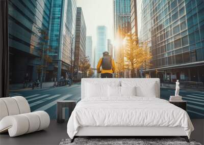 urban cyclist rides through the empty streets of the city at sunrise, with the golden light  Wall mural