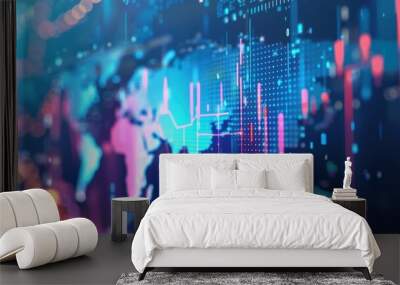 Vibrant digital world map with glowing stock market data and colorful graphs, symbolizing global finance and technology. Wall mural