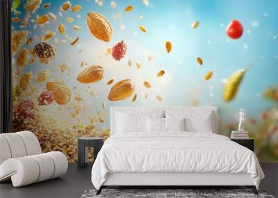 Vibrant scene of flying seeds, nuts, and fruits showcasing the beauty of nature's harvest against a bright blue background. Wall mural