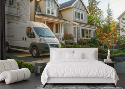 White van parked in front of a house. Wall mural