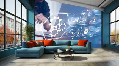 Businessman analyze data to find new marketing strategies to help organizations achieve their goals quickly and efficiently. Global strategy virtual icon. Sustainable business development roadmap. Wall mural