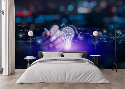 Businessman hand touching on hologram light bulb, Idea and imagination, Creative and inspiration, Science innovation with network connection, Solution analysis and development, Innovative technology Wall mural