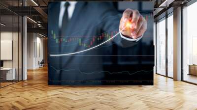 Businessman with a graph showing the ups and downs of stock. Concept of doing an online business called stock trading. Business education quickly with the use of 5G and 6G technology in the future Wall mural