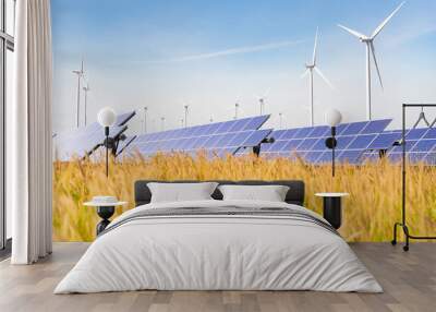 Solar plant with the wind farm in the summer season, hot climate causes increased power production and If strong winds will add the power generated, Alternative energy to conserve the world's energy Wall mural