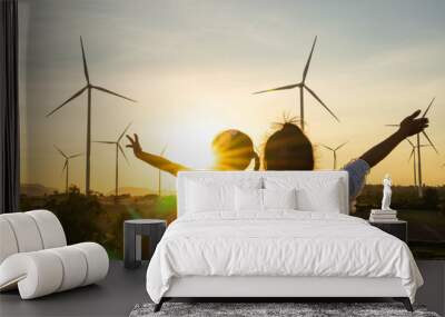 Wind turbines are alternative electricity sources, the concept of sustainable resources, People in the community with wind generators turbines, Renewable energy Wall mural