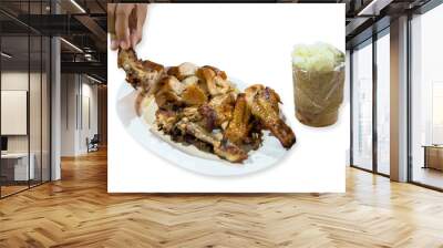 Roast chicken with Glutinous rice or Sticky rice in white background Wall mural