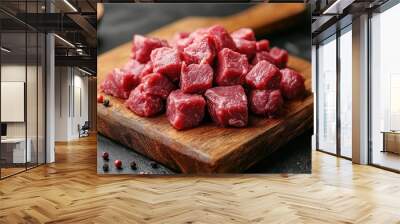 Raw Beef Cubes on Wooden Cutting Board Wall mural