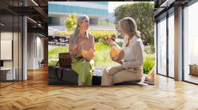 Businesswomen having lunch outdoors. Women in formal clothes sitting in garden, eating Asian food. Food, break concept Wall mural