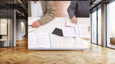 Close-up of two mens hands while making notes with pens. Two senior men in casual clothes preparing for lessons in library writing down information about computers. Education for mature people concept Wall mural