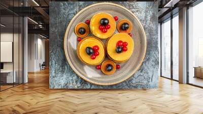 Overhead view of Classic American pancakes n brown tray Wall mural