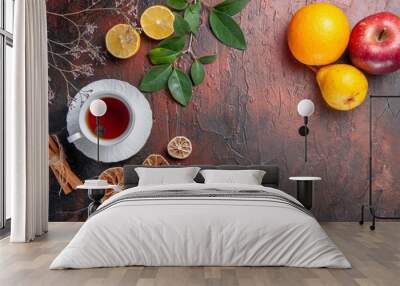 top view cup of tea with fruits on dark background sugar tea photo biscuit sweet Wall mural