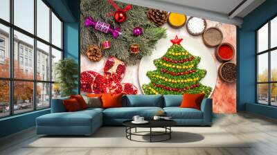 top view tasty green salad in new year tree shape with seasonings on light background color holiday photo meal xmas Wall mural