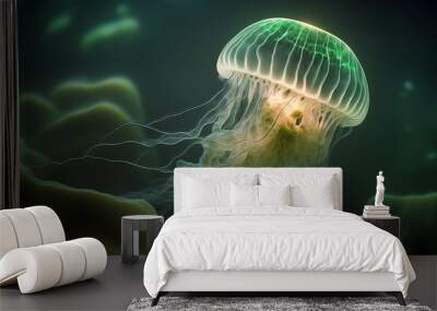 A vibrant glowing jellyfish in the deep ocean. Sharp and detailed portrait of jellyfish. Generative AI Wall mural