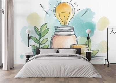 A creative illustration of a light bulb in a jar, symbolizing ideas, innovation, and financial growth with coins and plants. Wall mural