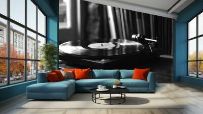 Black and white vinyl record player, on shelf, 8K resolution, detailed and crisp, retro and modern, high-quality photography Wall mural