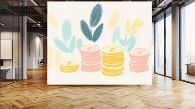 Colorful illustration of coins stacked with leaves, symbolizing growth, savings, and financial success in a minimalist design. Wall mural