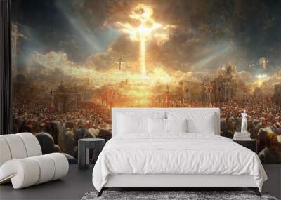 Judgement day. The return of Jesus Christ, Dooms day, Hell and Heaven concept. Illustration. Generative AI Wall mural