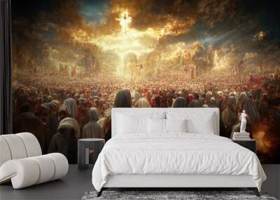 Judgement day. The return of Jesus Christ, New Testament,  Hell and Heaven concept. Illustration. Generative AI Wall mural