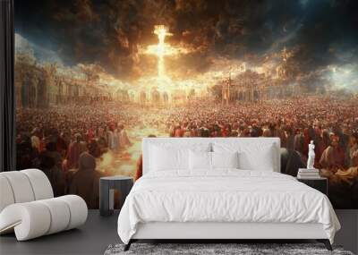 Judgement day. The return of Jesus Christ, New Testament,  Hell and Heaven concept. Illustration. Generative AI Wall mural