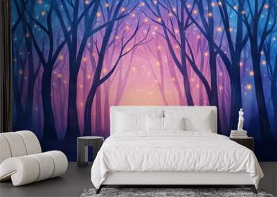 Christmas lights strung between ancient trees, forest glowing with magic, Watercolor style Wall mural