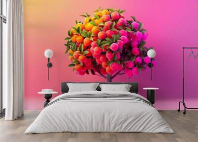 Vibrant fruit tree with colorful, ripe fruits on a pink gradient background, showcasing a blend of nature and artistic creativity. Wall mural